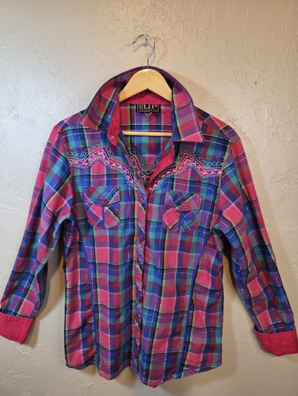 Cowgirl Up Embroidered Western Plaid Snap Shirt Rhinestone Rodeo Glam Women’s